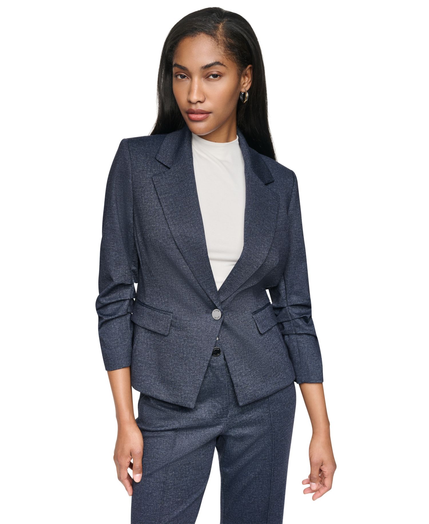 Women's Faux Denim Short Ruched-Sleeve Blazer