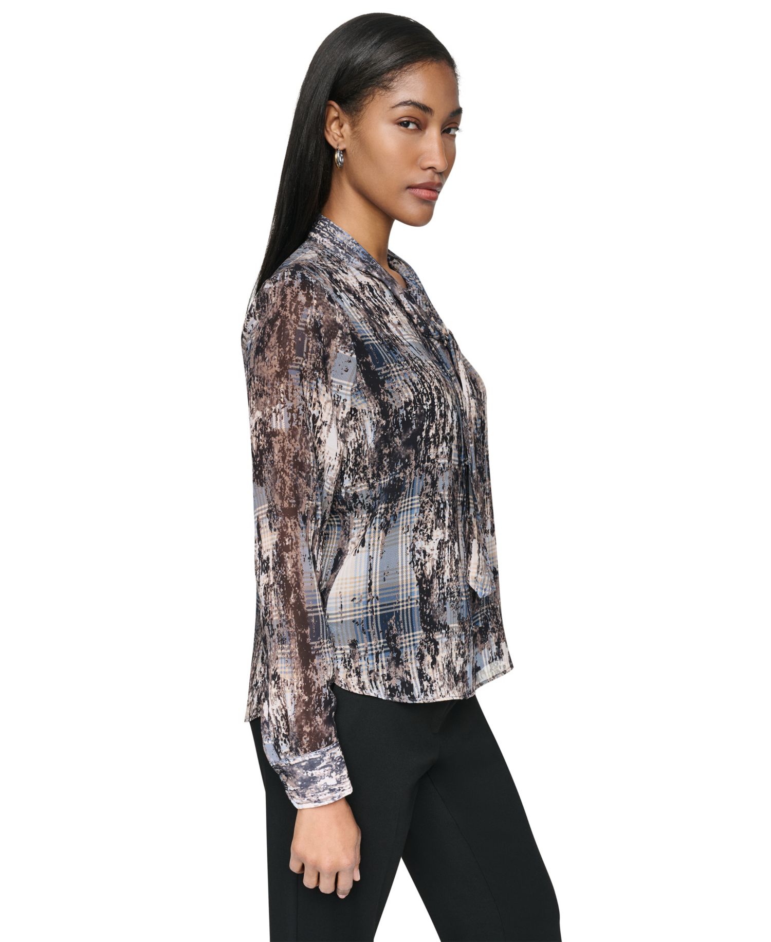 Women's Tie-Neck Long-Sleeve Crinkle Chiffon Blouse