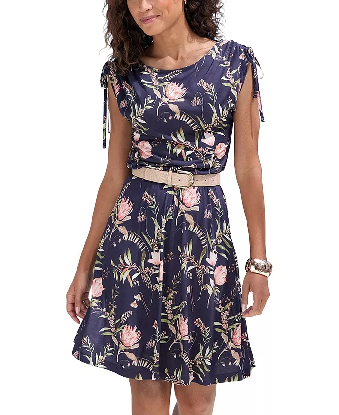 Women's Viscose Printed Tie Detail Fit-and-Flare Short Dress