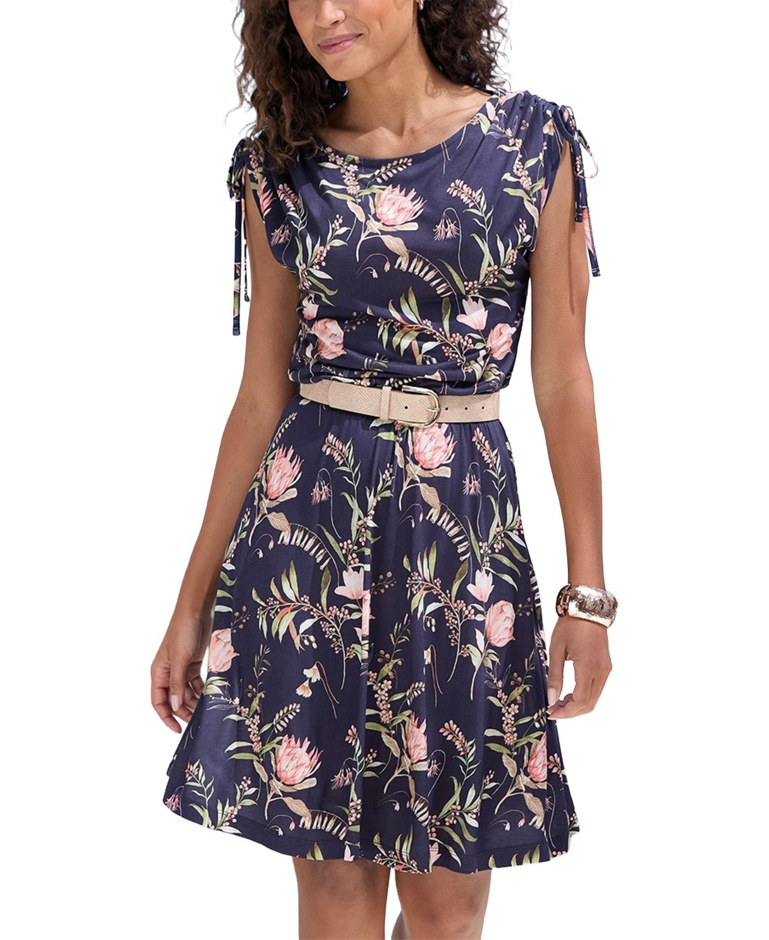 Women's Viscose Printed Tie Detail Fit-and-Flare Short Dress