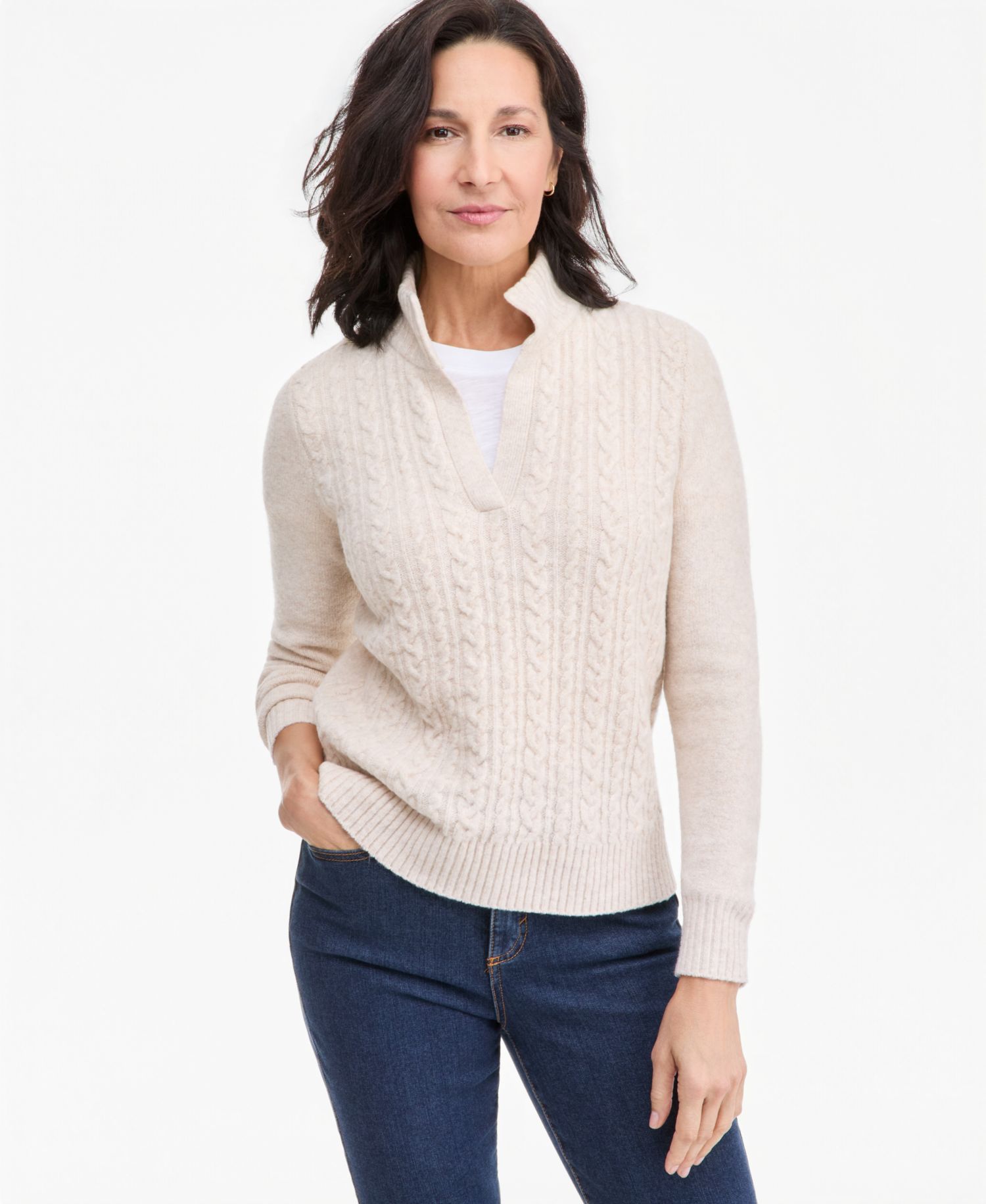 Plus Cable Split Mockneck Long-Sleeve Sweater