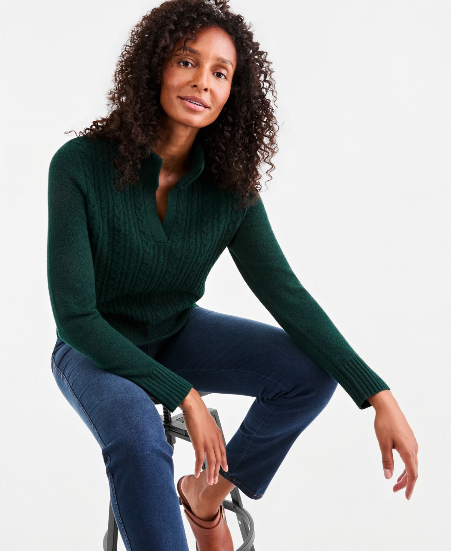 Plus Cable Split Mockneck Long-Sleeve Sweater