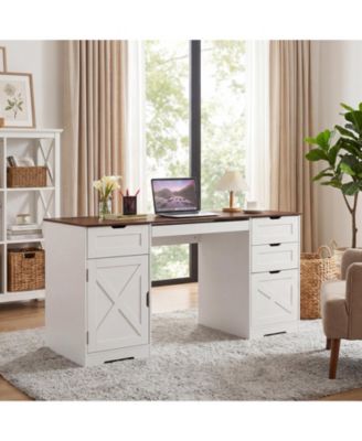 59" Farmhouse Desk - 4 Drawers, Charging Station and Keyboard Tray, Adjustable Shelves for Home Office and Studio