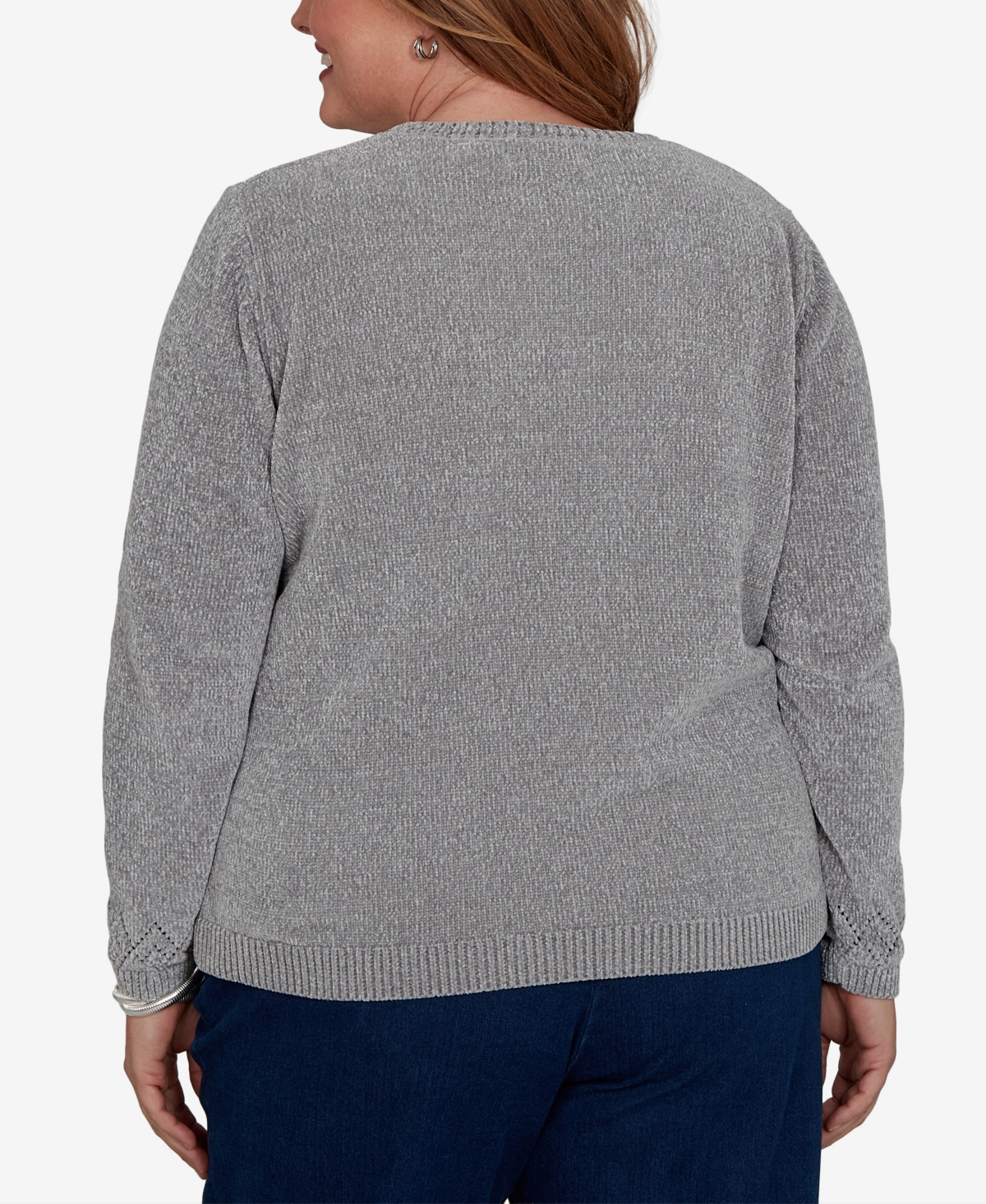 Alfred Dunner Plus Classic Embroidered Floral Textured Chenille Sweater