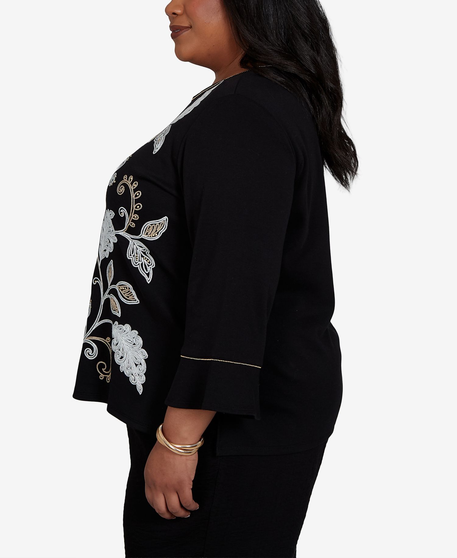 Plus Size Travel Advisory 3/4-Sleeve Crewneck Embroidered Top