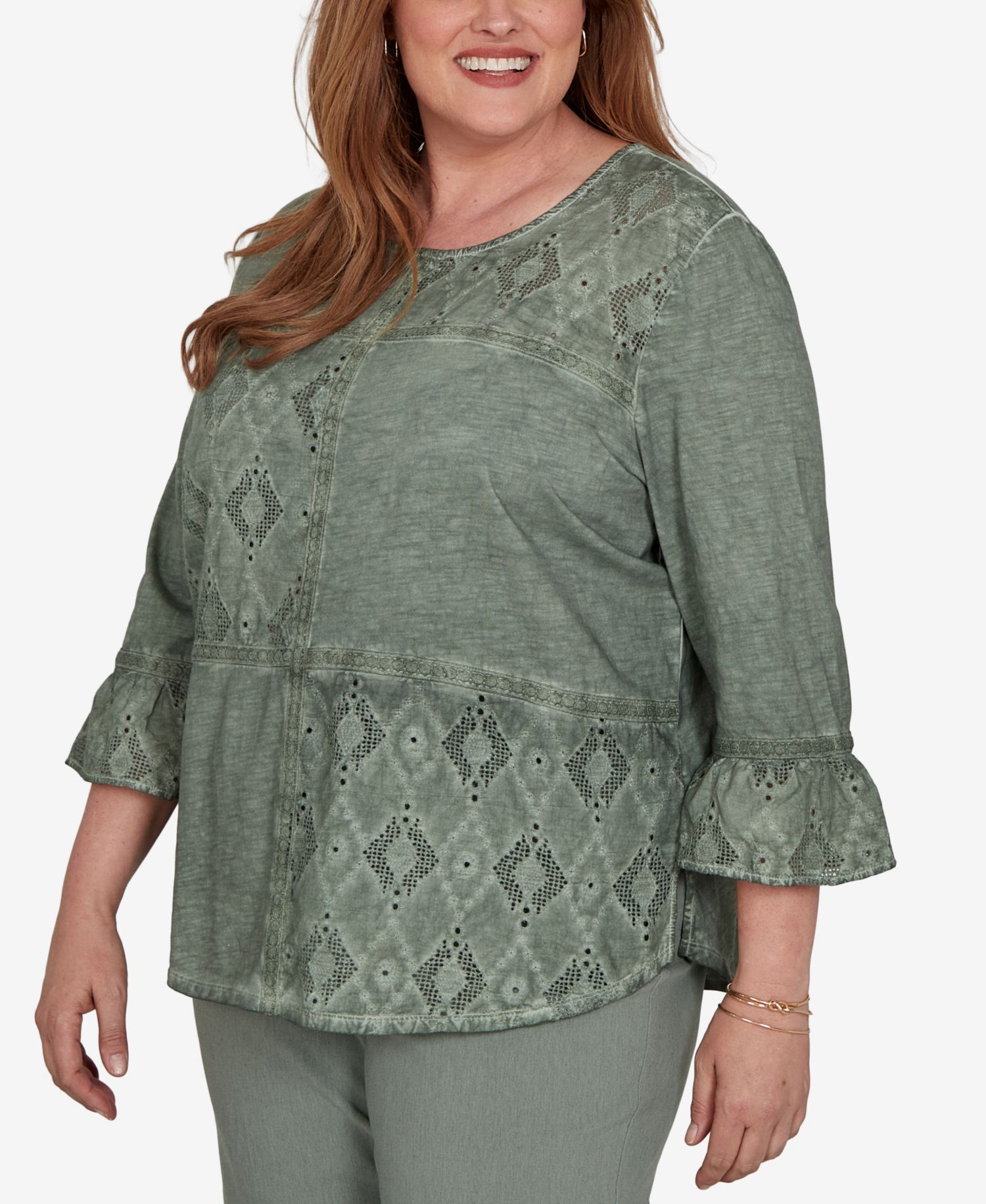 Plus Size Provence Tonal Spliced Patchwork 3/4 Sleeve Blouse
