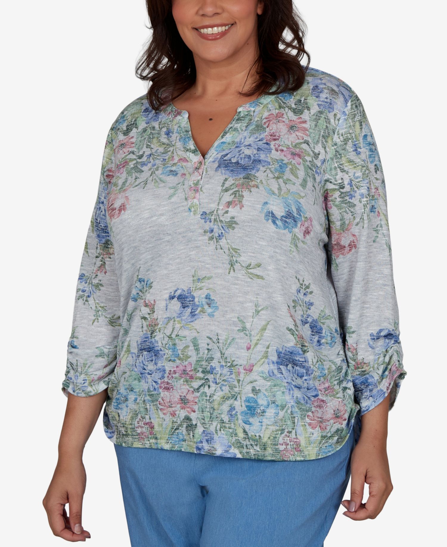 Plus Size Provence Floral Borders 3/4-Sleeve Button-Up Henley Top