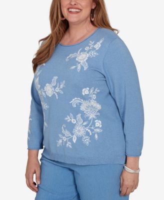 Plus Size Provence Floral-Embroidered Crewneck 3/4-Sleeve Sweater
