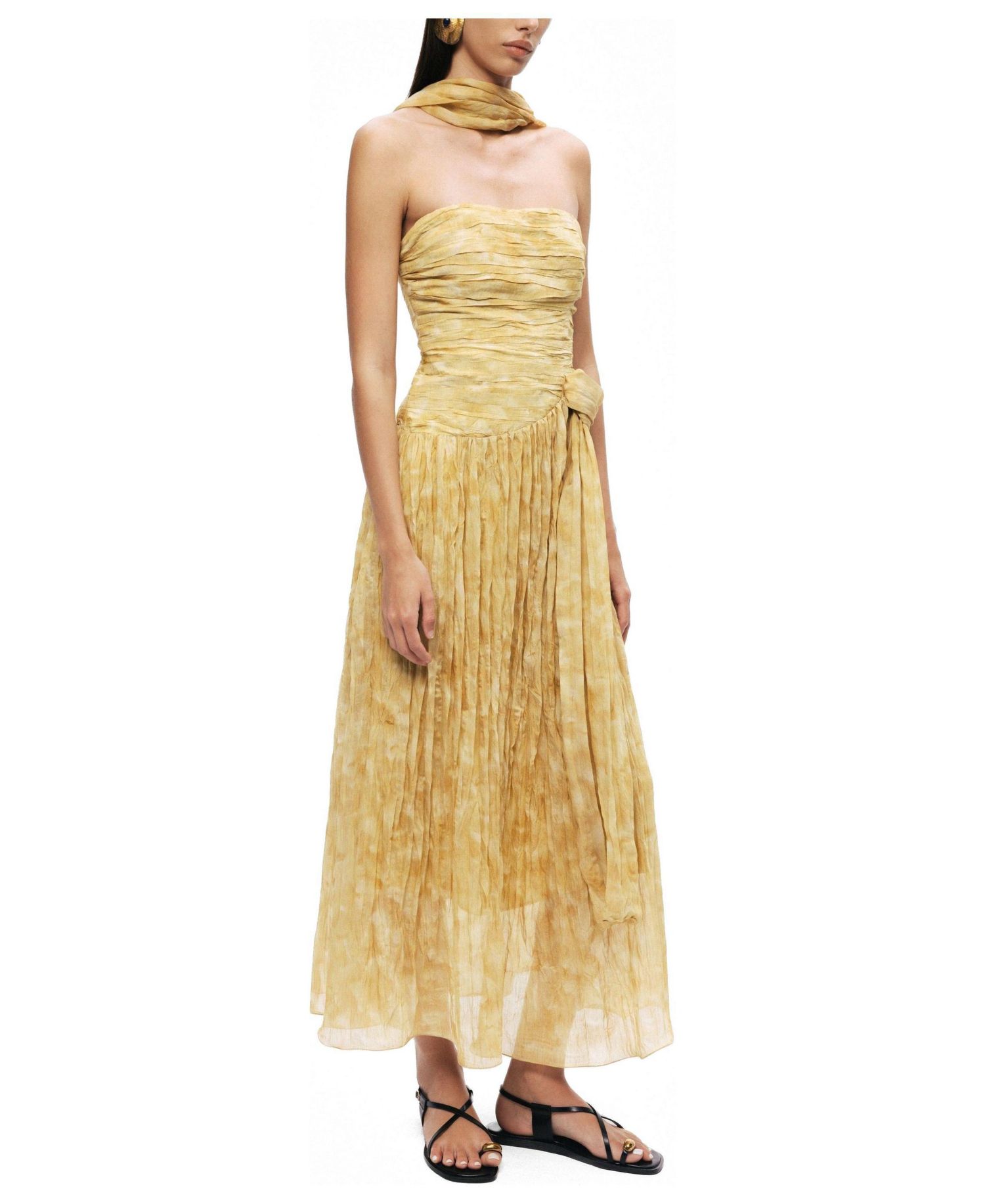 Women's Strapless A-Line Ruched Corset Bodice Viscose-Blend Midi Dress