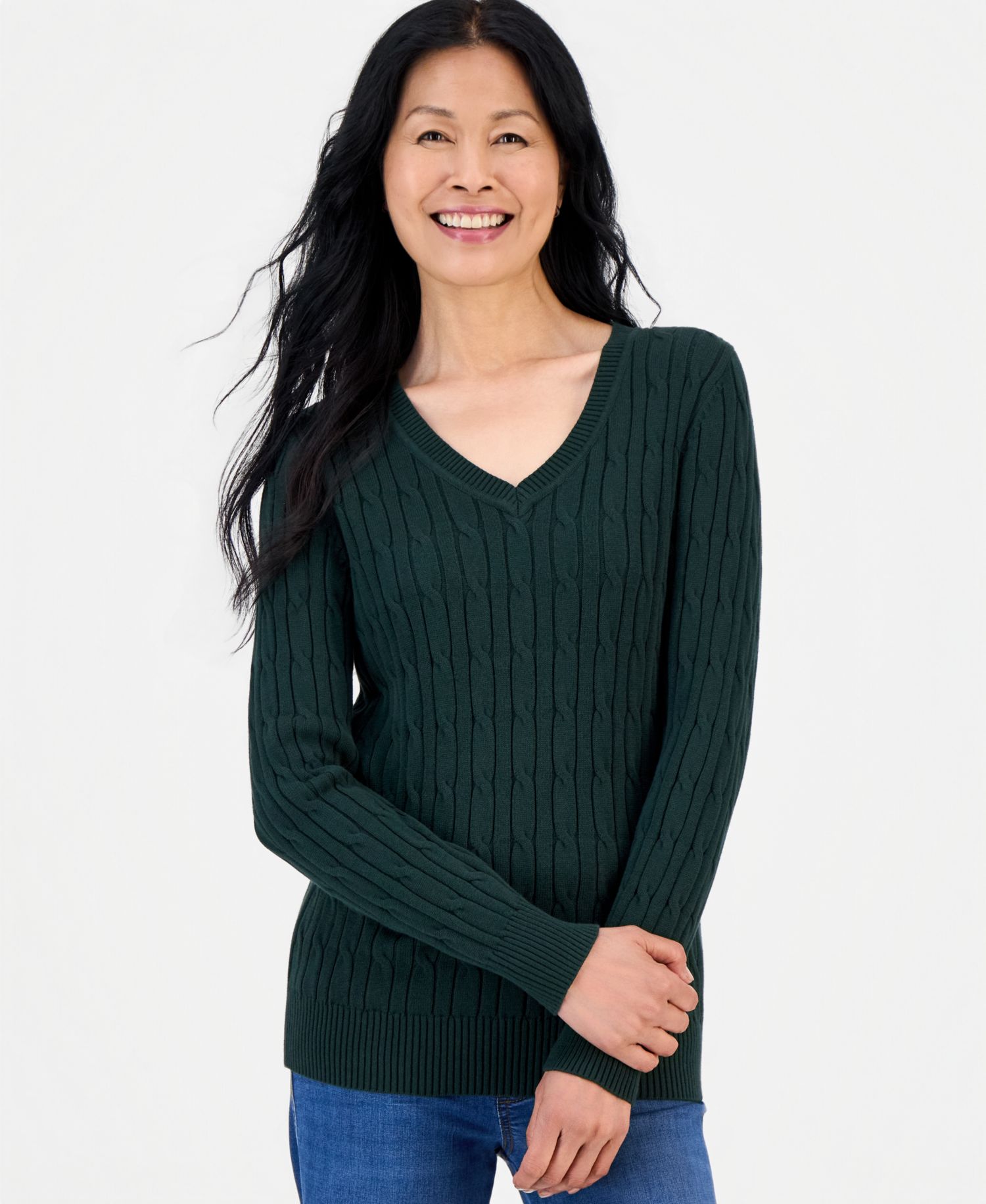 Petite Cotton Cable-Knit V-Neck Sweater