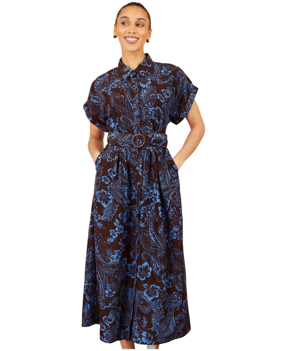 Yumi Women's Paisley Belted Short-Sleeve Shirt Dress