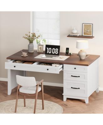 Farmhouse Wood Home Office Desk with Drawers – 53.5" Executive Writing Table – Built-in Power Outlets, Adjustable File Cabinet