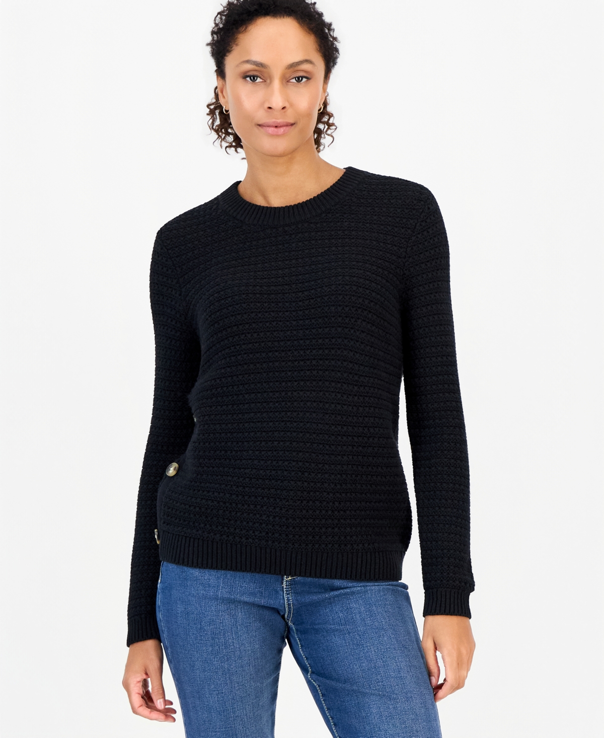 Style & Co Women's Crewneck Ribbed-Knit Side-Button Sweater, Macy's Exclusive - Deep Black