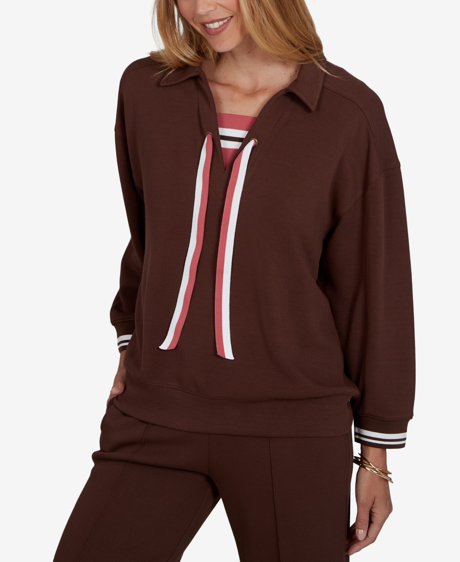 Petite Drawstring Stripe-Trim 3/4-Sleeve Pullover Top