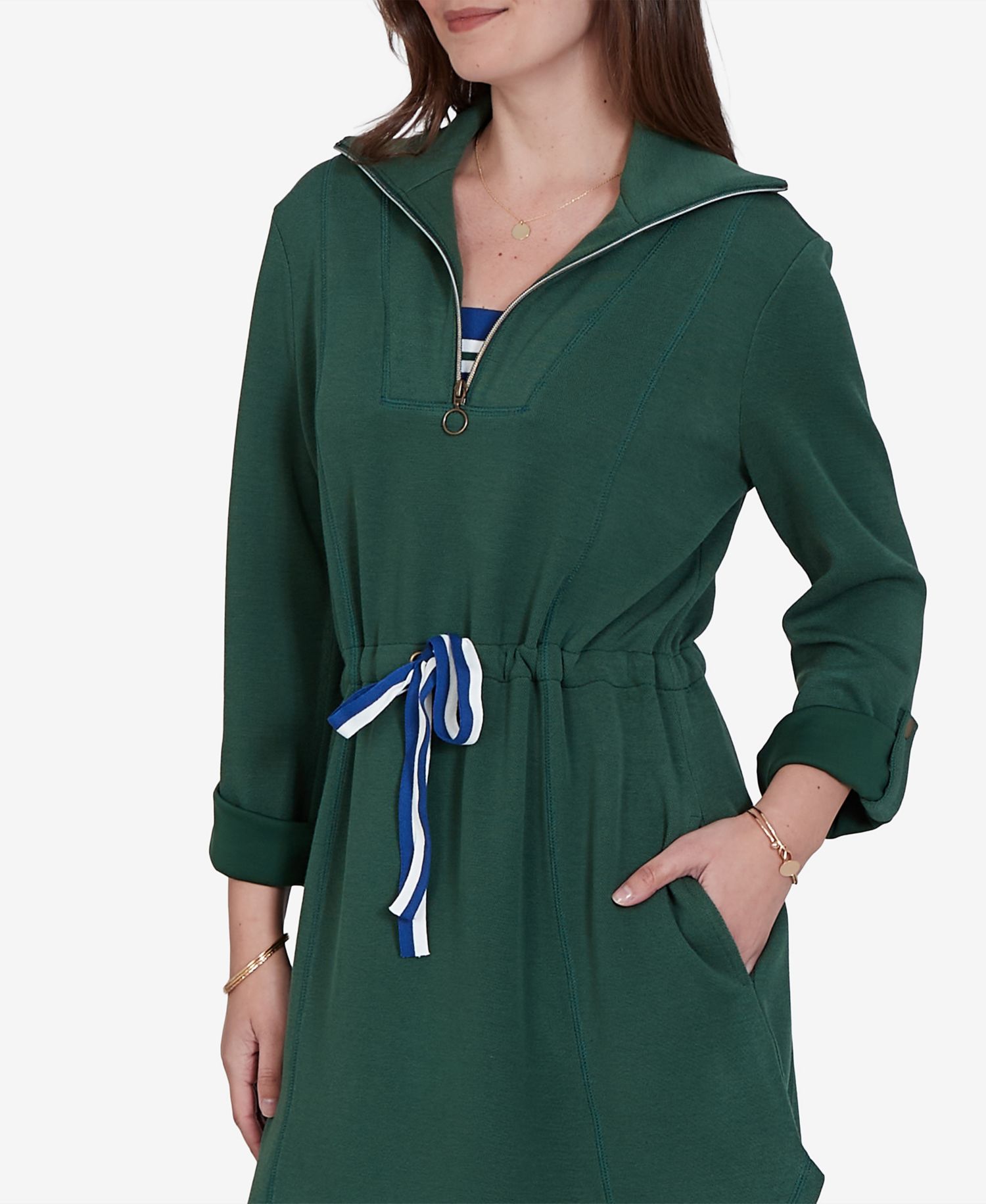 Petite Stripe Trim Drawstring Waist Dress