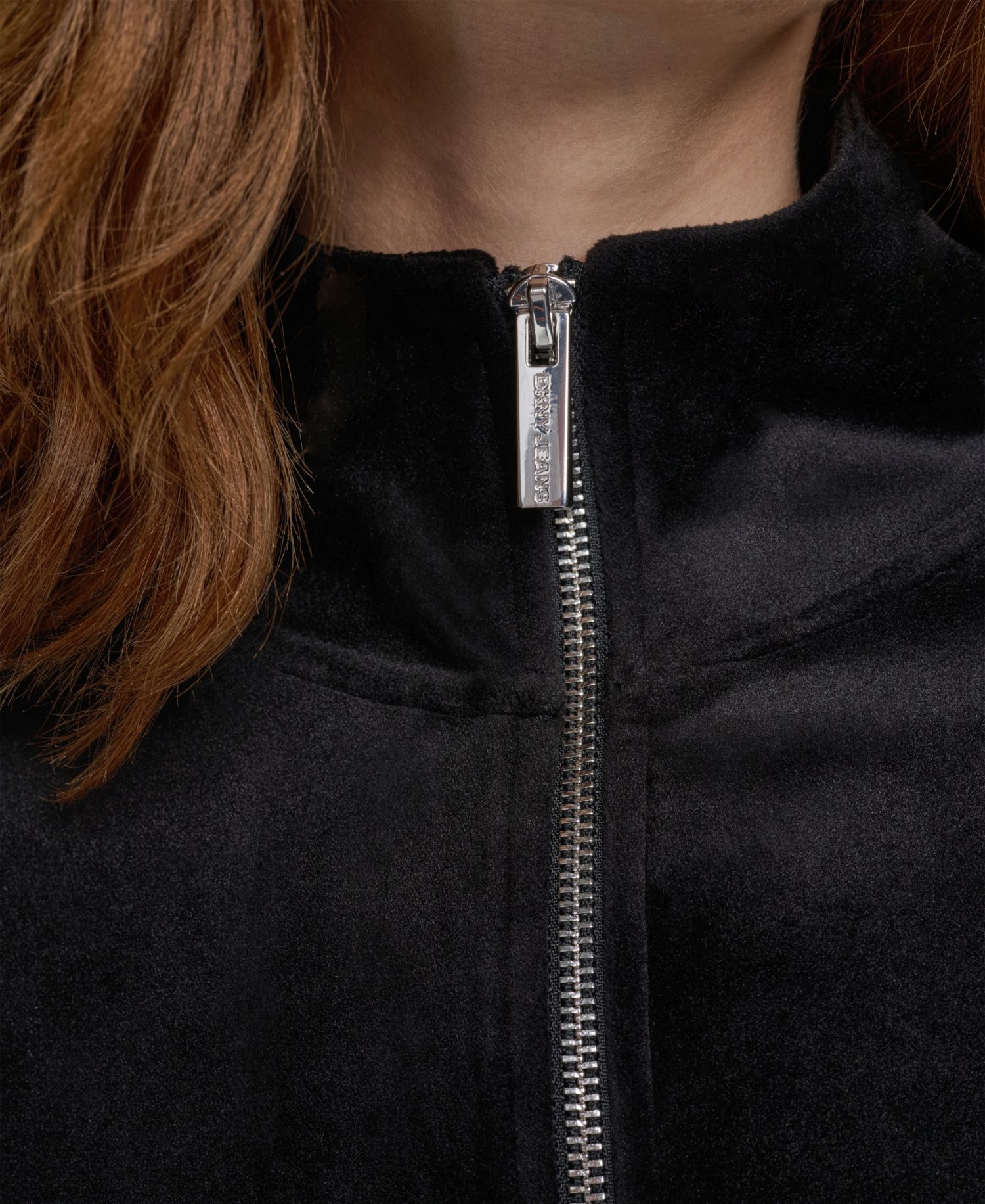 Petite Velour and Satin Trim Mock-Neck Zip-Front Jacket