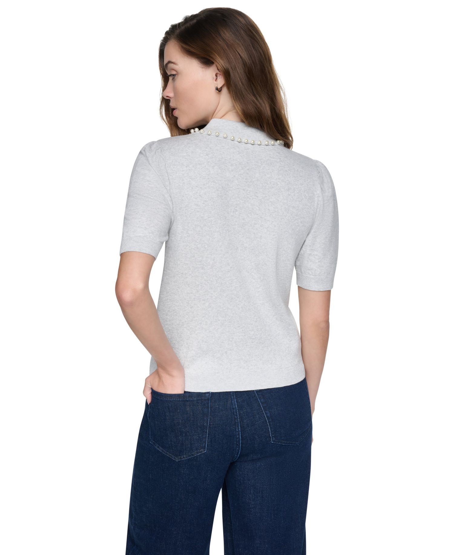 Petite Embellished Short-Puff-Sleeve Polo Sweater