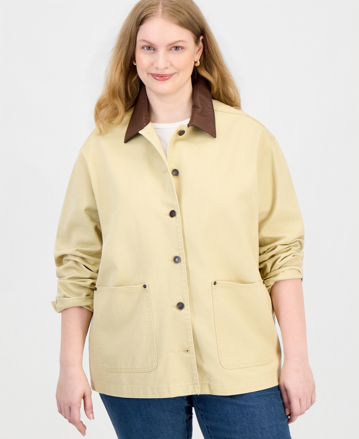 Madden Girl Plus Size Cropped Long-Sleeve Faux Leather Collar Barn Jacket - Khaki