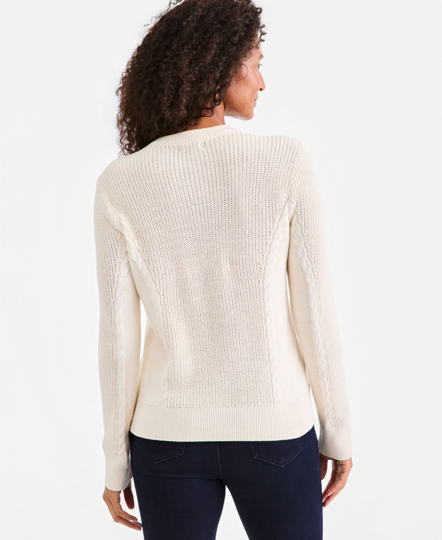 Petite Mixed Rib Cable-Knit Cotton Crewneck Pullover