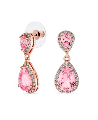 Cocktail Cubic Zirconia CZ Double Solitaire Teardrop Dangle Earrings Rose Gold Plated