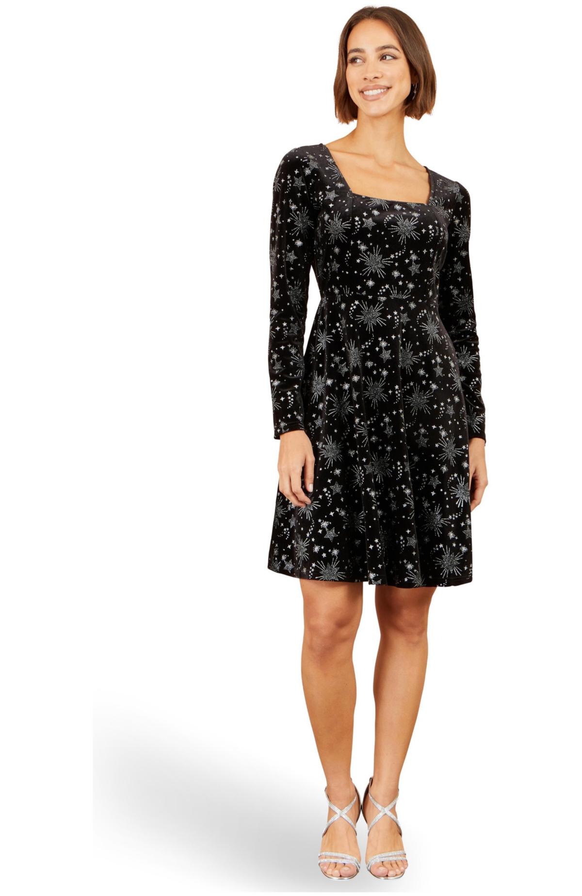Yumi Women's Starburst Long-Sleeve Square-Neck Velvet Skater Dress