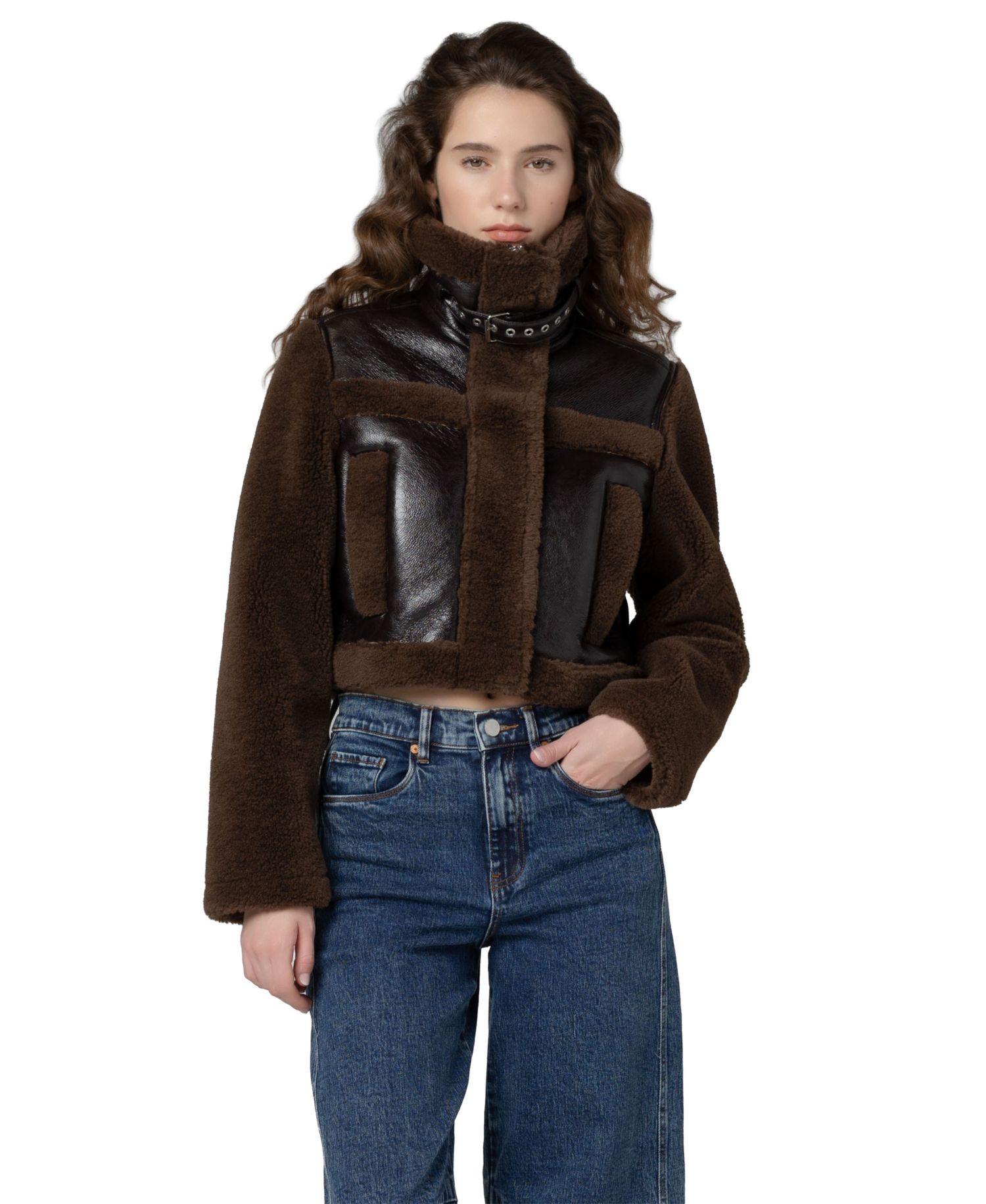 Women's Funnel Collar Cropped Sherpa Jacket