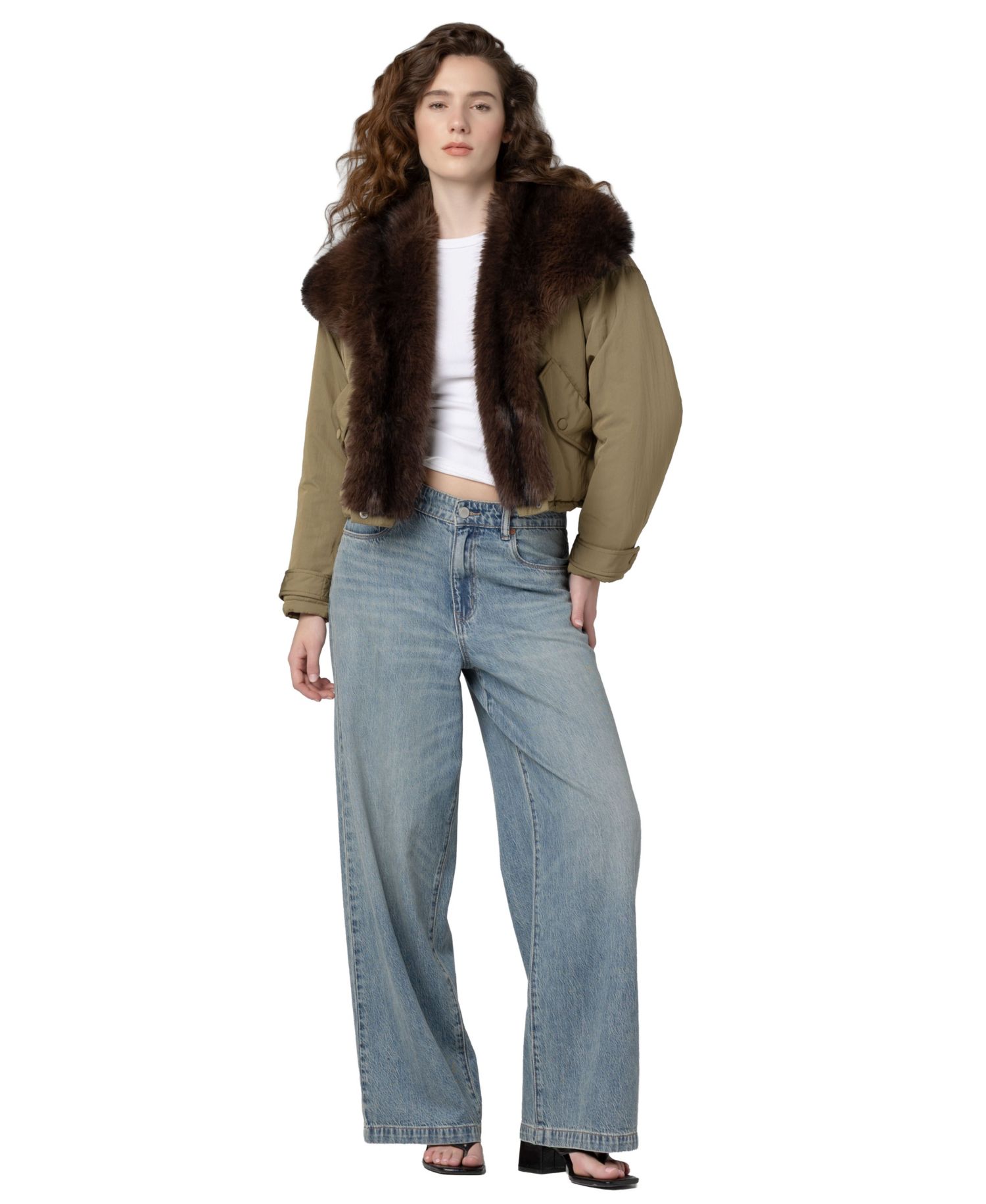 Women's Shawl Collar Faux-Fur Trim Cropped Jacket