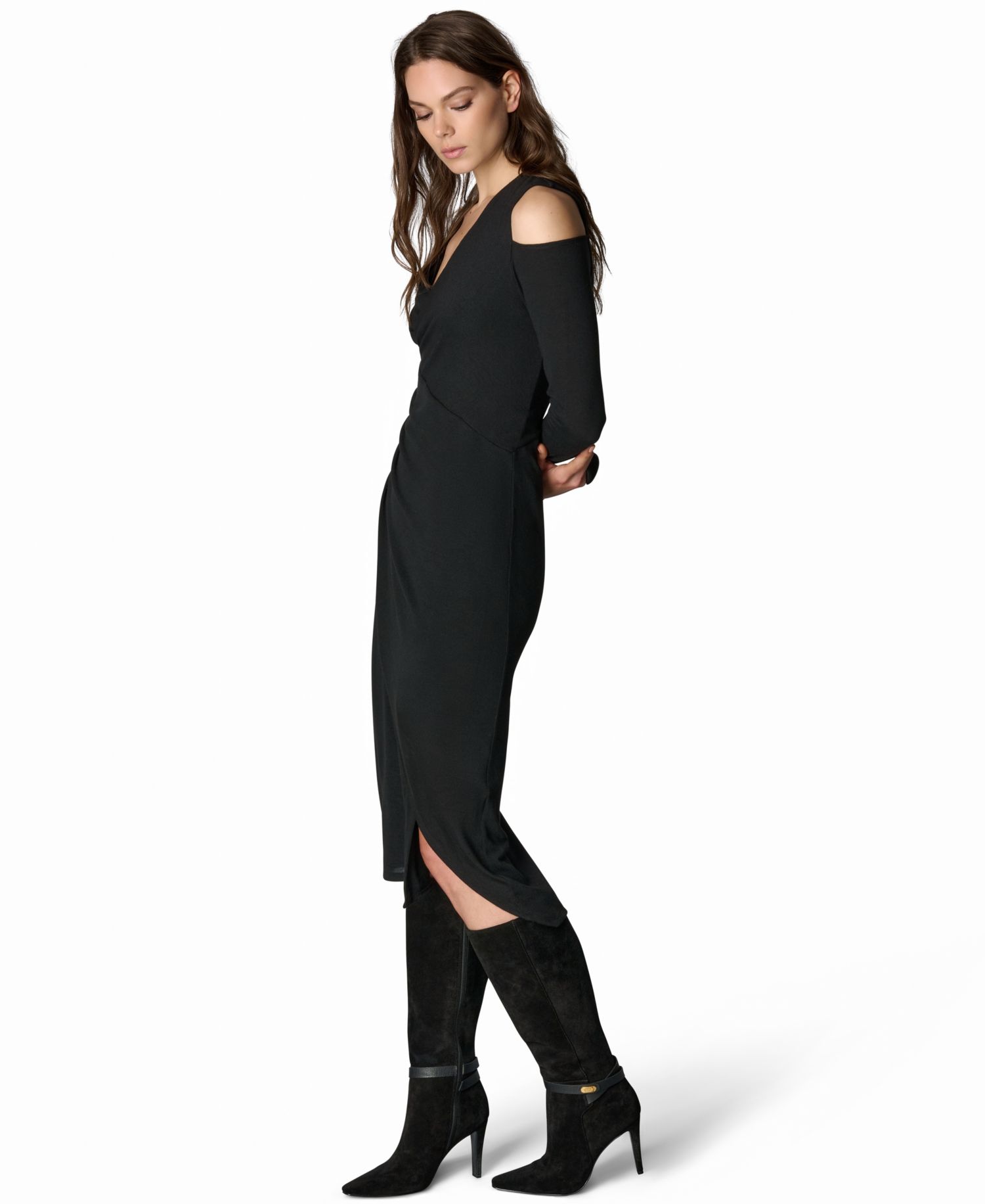 Women's Cold-Shoulder Wrap V-Neck Midi Dress