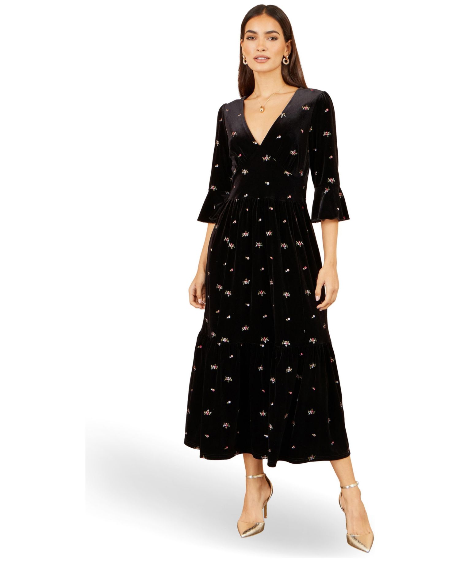 Women's Velvet Embroidered V-Neck Midi Dress