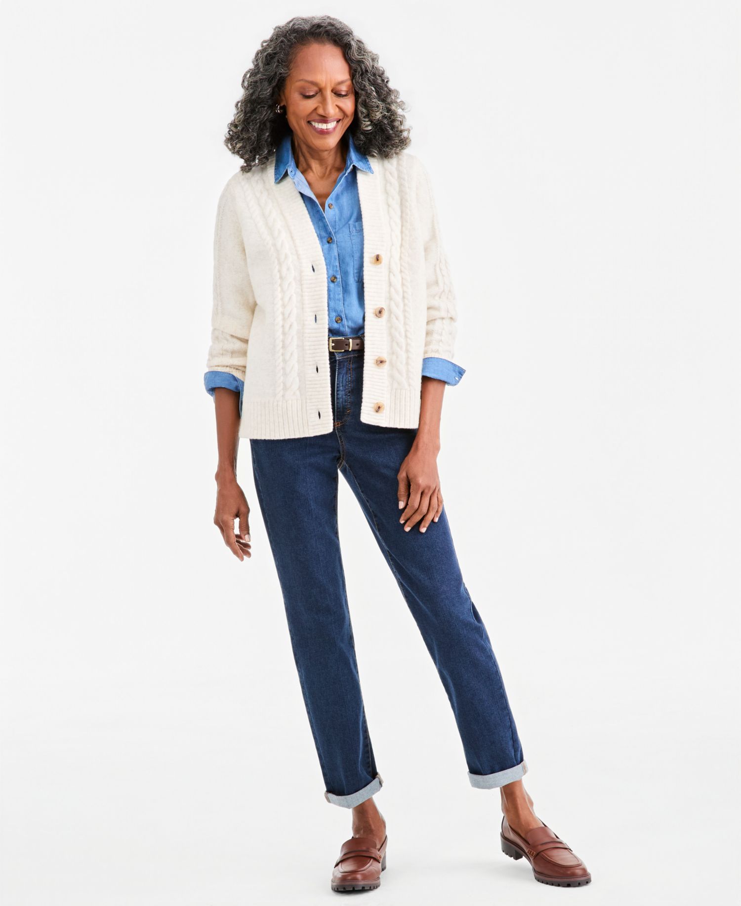 Women's Cable-Knit V-Neck Boyfriend Cardigan
