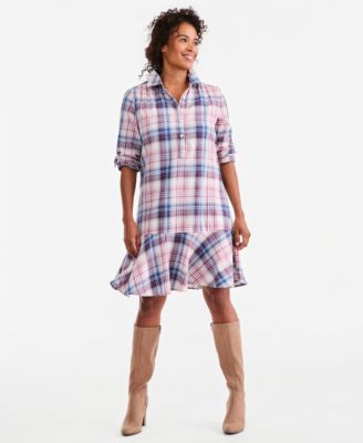 Women's Plaid Long-Sleeve Peplum Dress