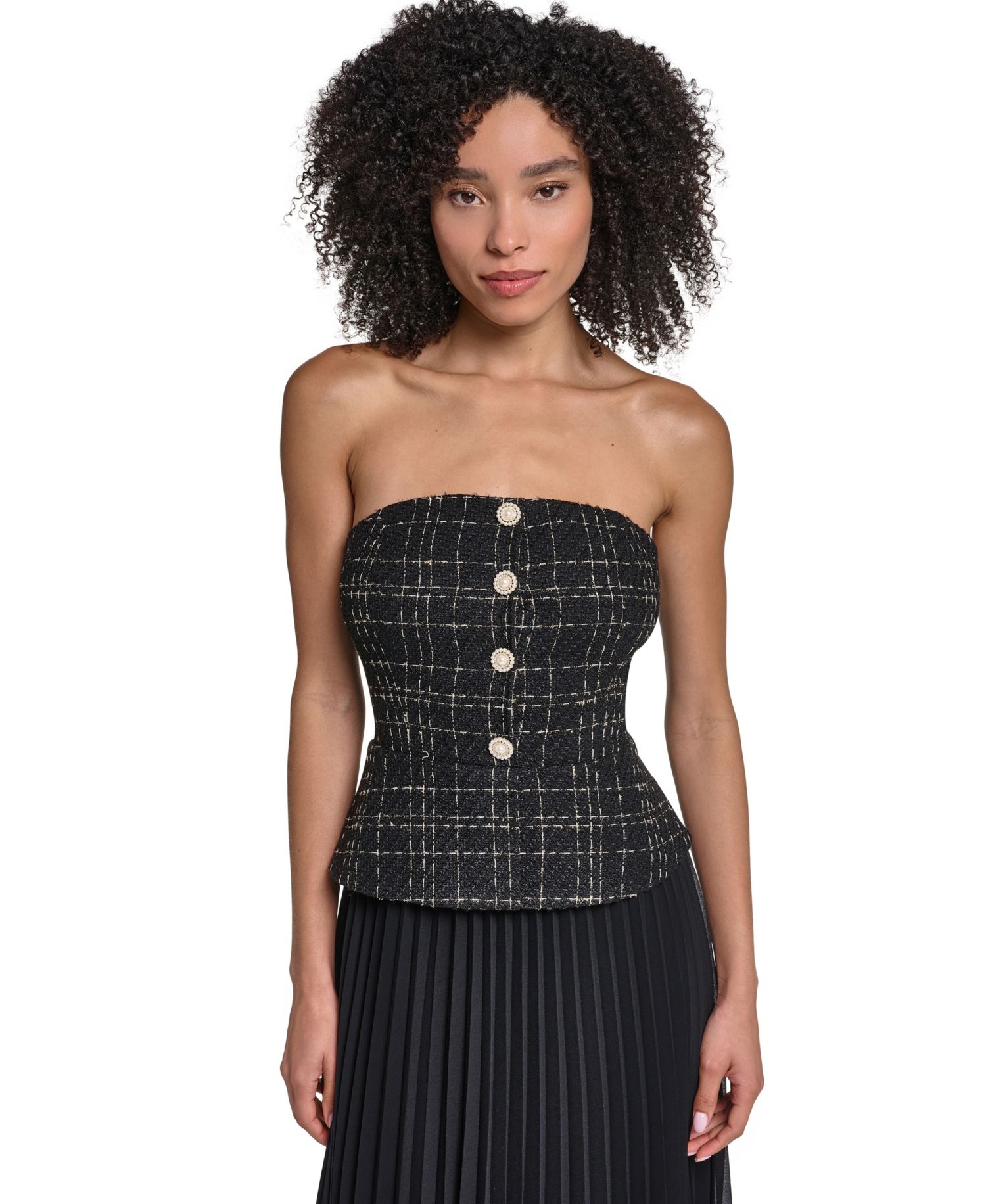 Women's Strapless Tweed Bodice Chiffon Gown