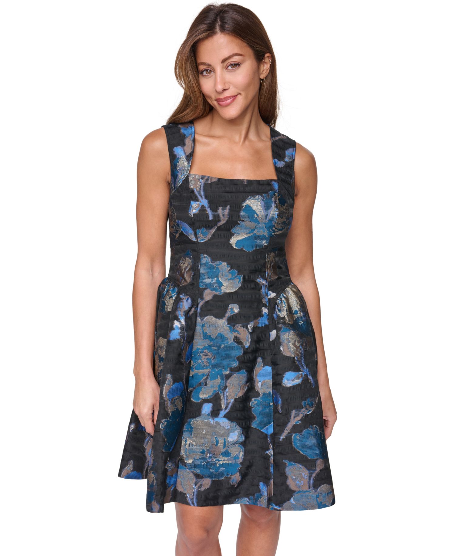 Women's Floral-Print Fit & Flare Square Neck Dress