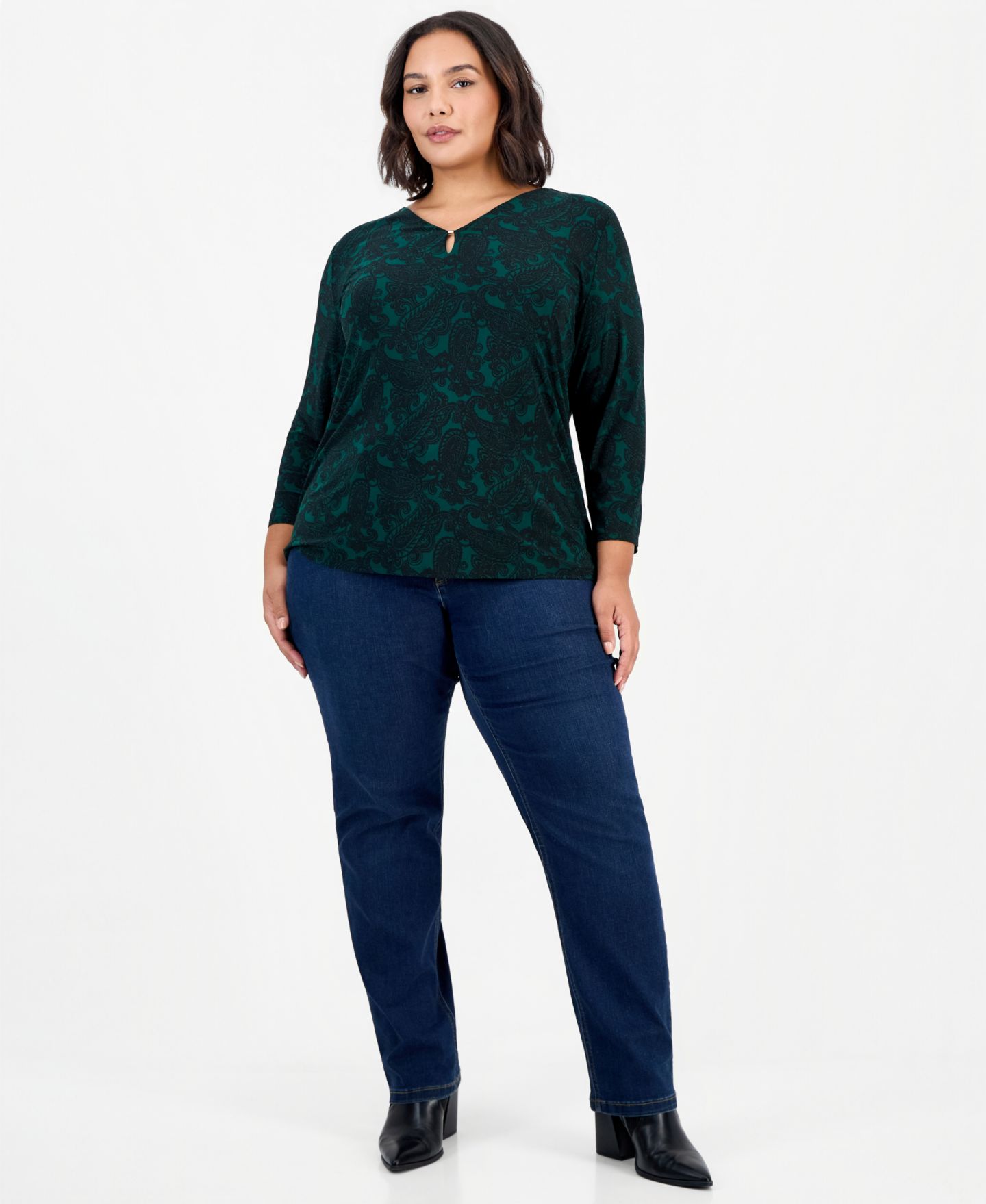Женская блузка Jones New York Plus Size Paisley-Print 3/4-Sleeve Keyhole, цвет: Тёмно-зелёный / Чёрный — фото 4