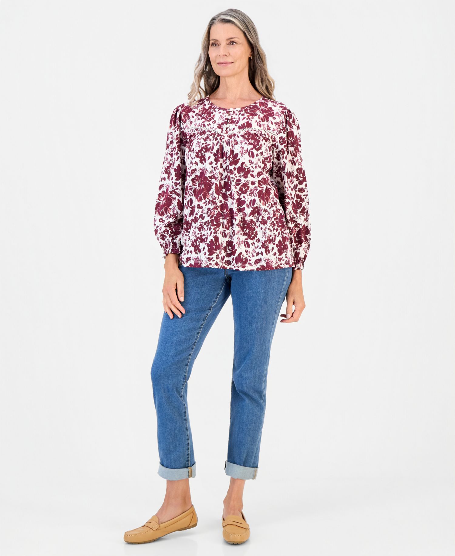 Petite Printed Crewneck Quilted Knit Top