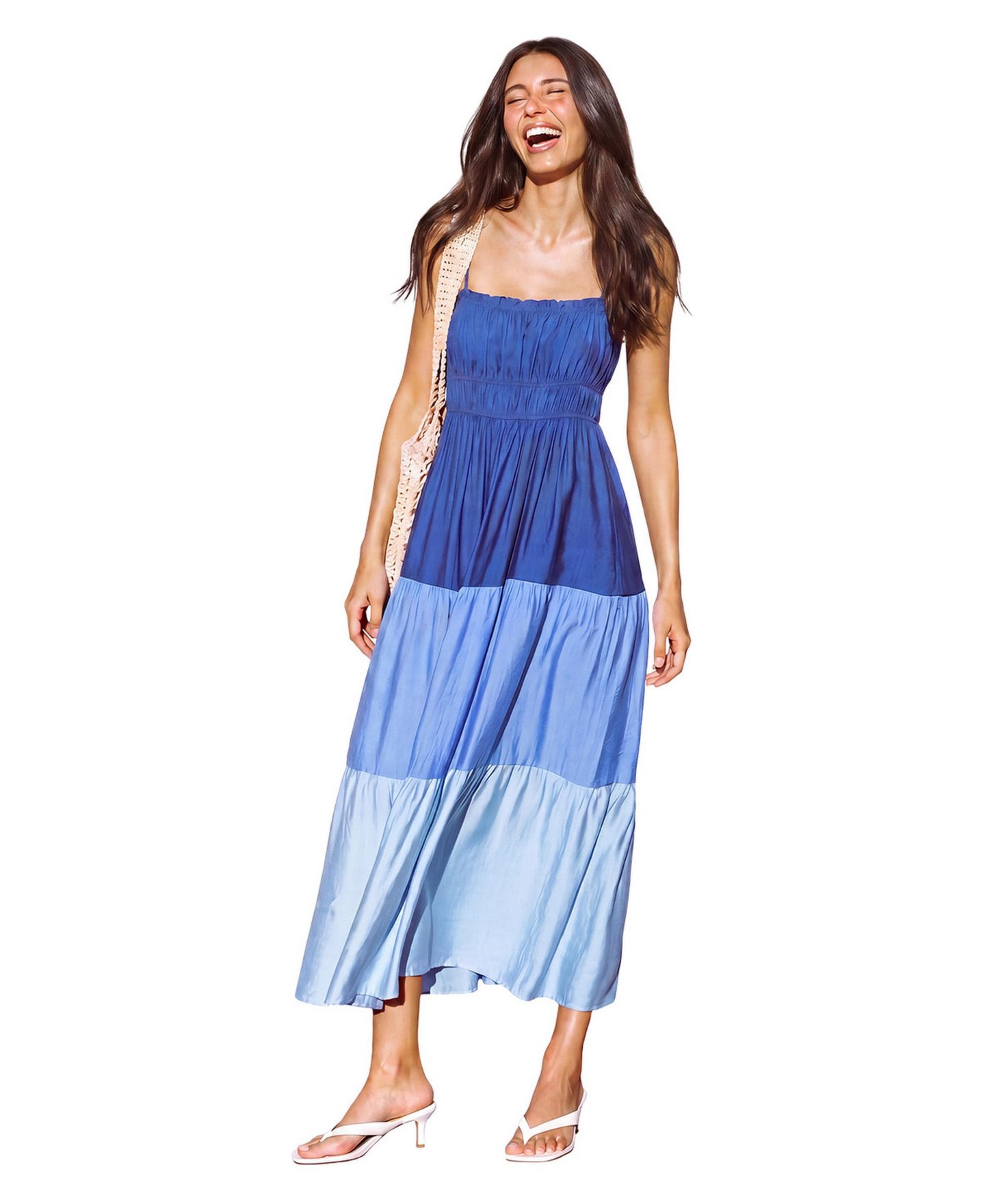 Женское платье Cupshe Saltwater Icon Colorblock Maxi Smocked-Bodice Tiered, цвет: Тёмный синий — фото 3