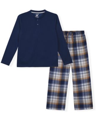 Boys' 6-18 Henley Top and Navy Plaid Pants Pajama, 2-Piece Set