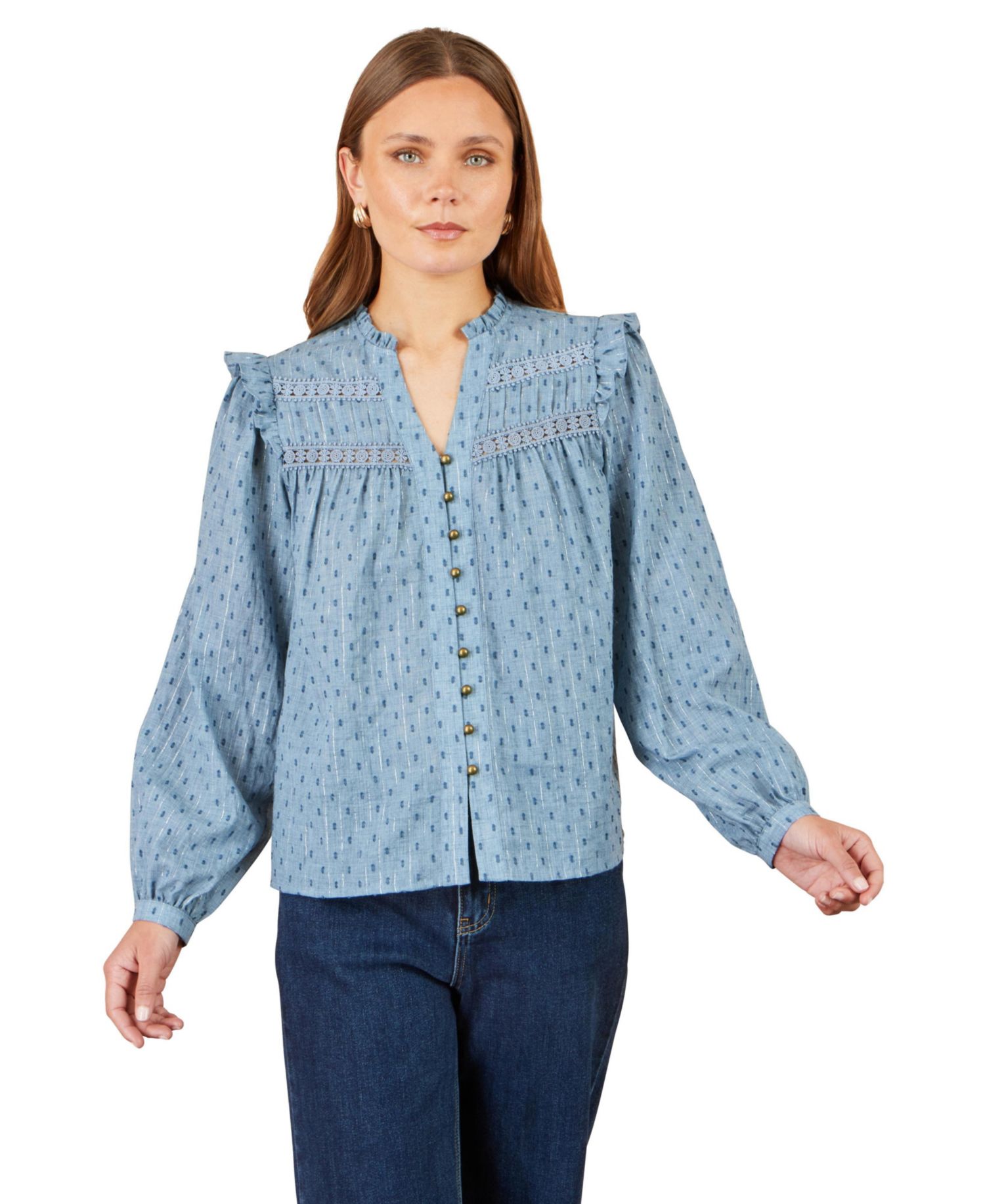Women's Long-Sleeve Mandarin Collar Lace Detail Blouse