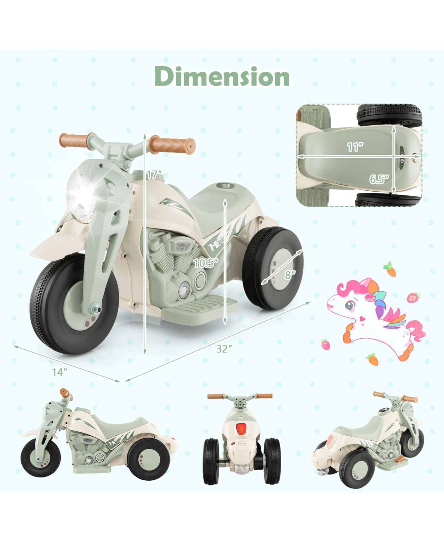 Детская игрушка Costway 6V Kids Bubble Car Electric Ride on Motorcycle with Music Button and LED Headlight, цвет: Бежевый / Хаки — фото 3