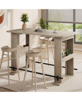 63-Inch Farmhouse Bar Table with Storage Shelves and Metal Footrest, Counter Height Pub Table for Kitchen, Dining Room or Living Room