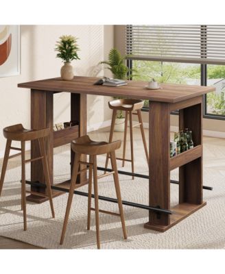 63-Inch Farmhouse Bar Table with Storage Shelves and Metal Footrest, Counter Height Pub Table for Kitchen, Dining Room or Living Room