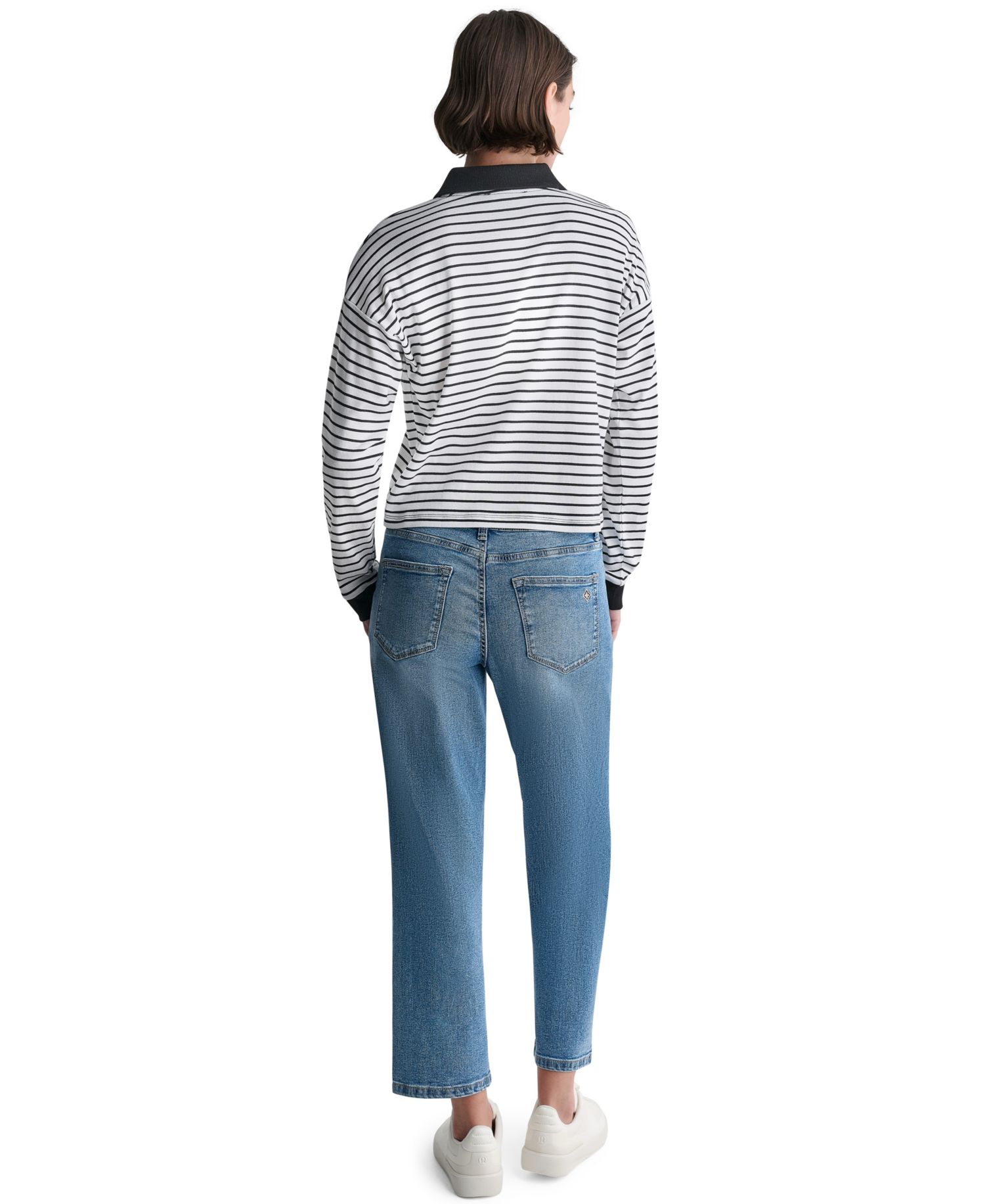 Women's Striped Collared Long-Sleeve Polo Top