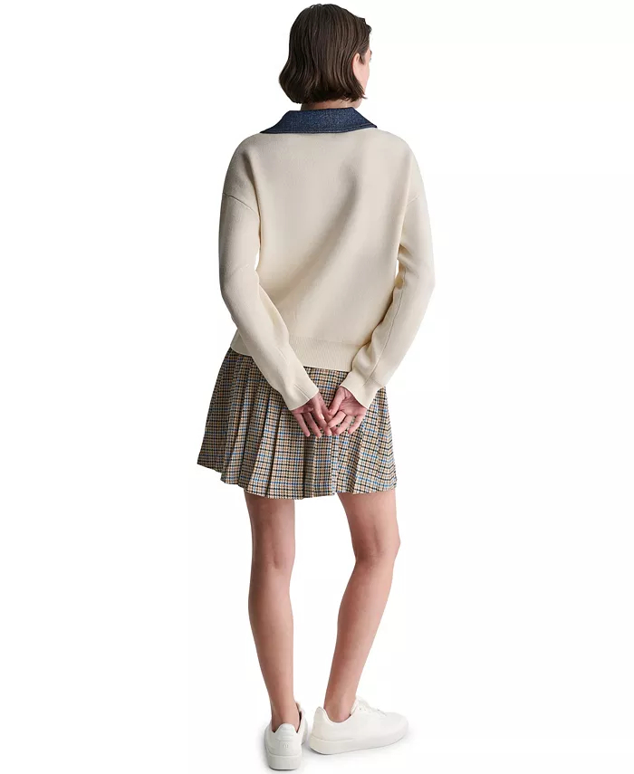 Women's Denim Trim Oversized Collared V-Neck Sweater - thumbnail 5