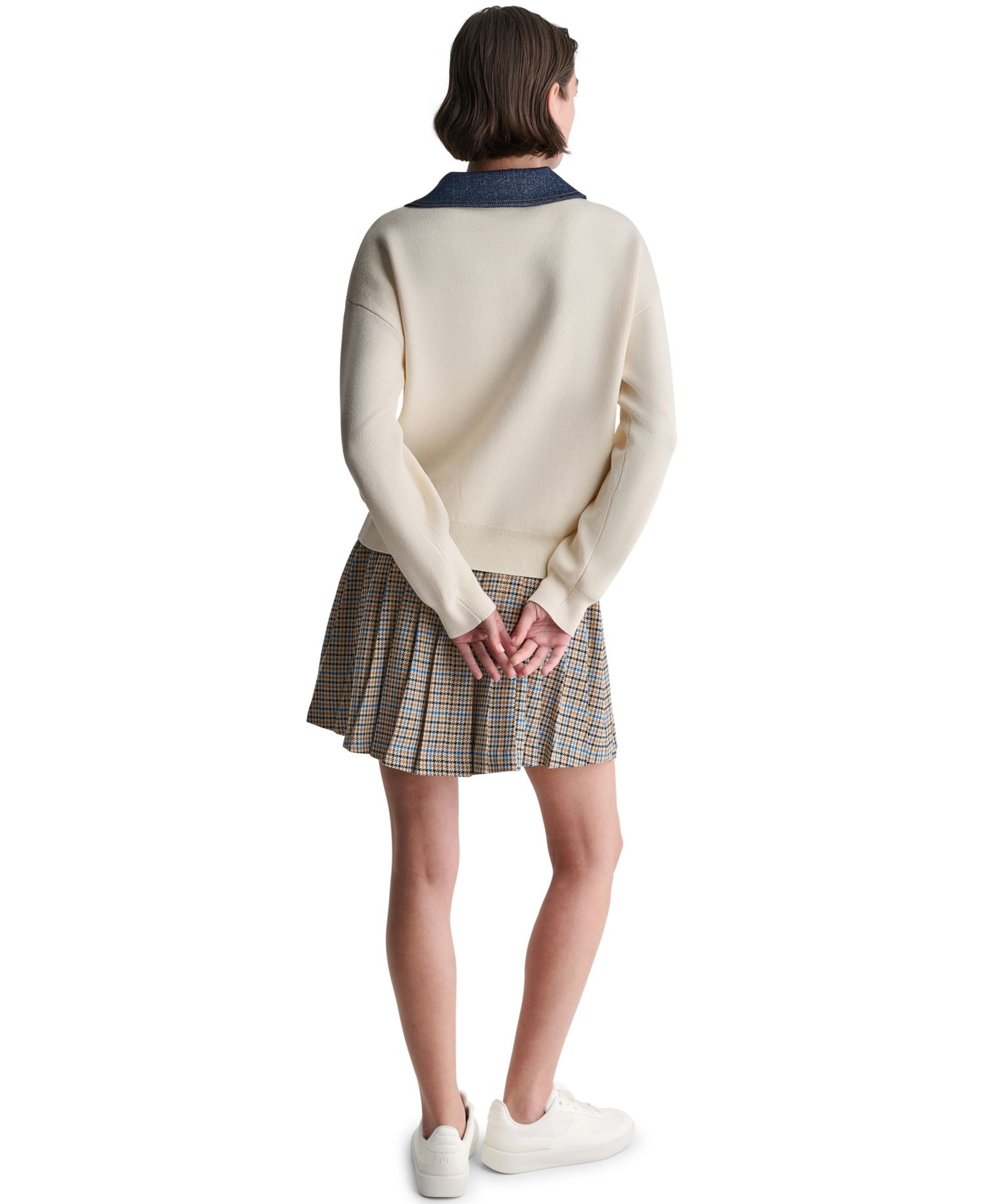 Women's Denim Trim Oversized Collared V-Neck Sweater