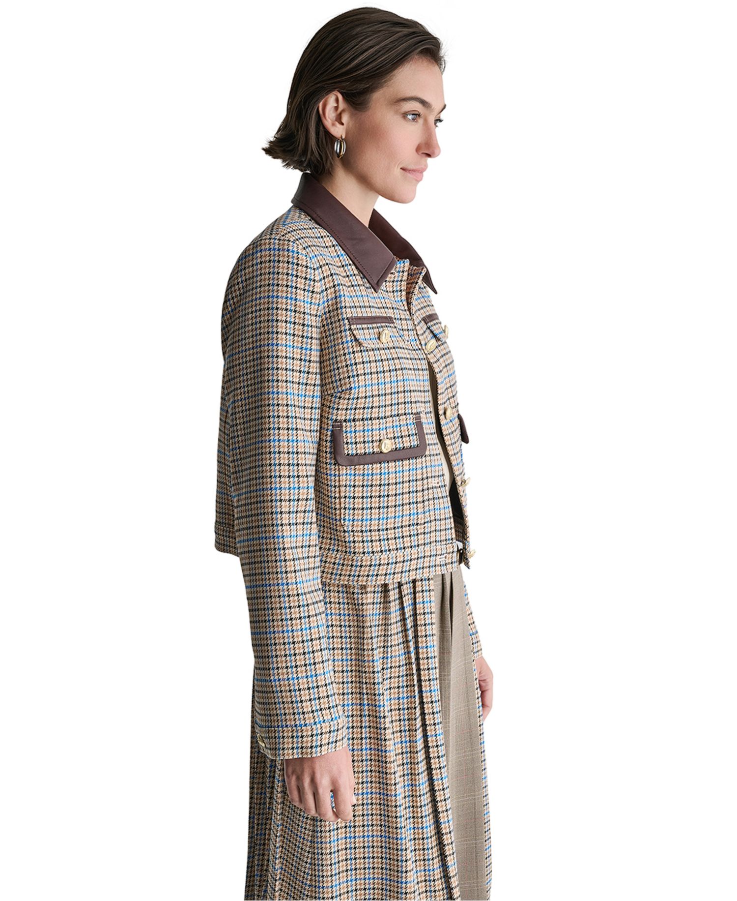 Women's Cropped Collared Plaid Trucker Jacket