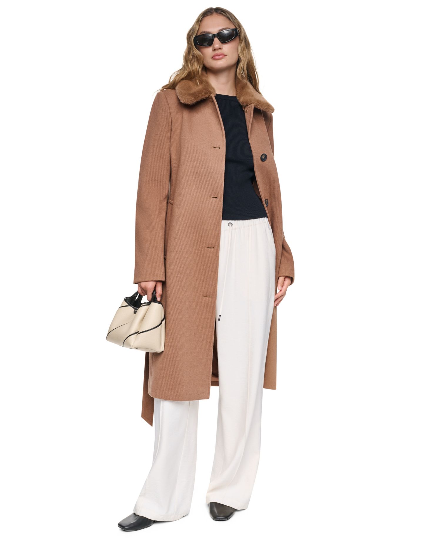 Women's Faux-Fur Collar Belted Single-Breasted Coat