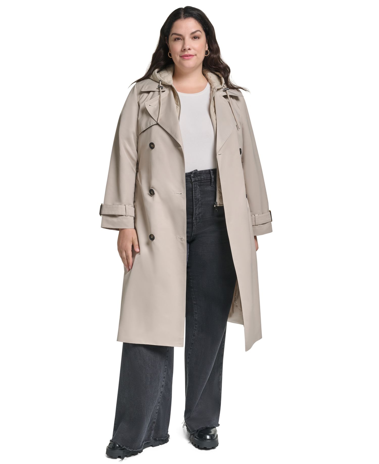 Plus Size Hooded Double-Breasted Belted Coat