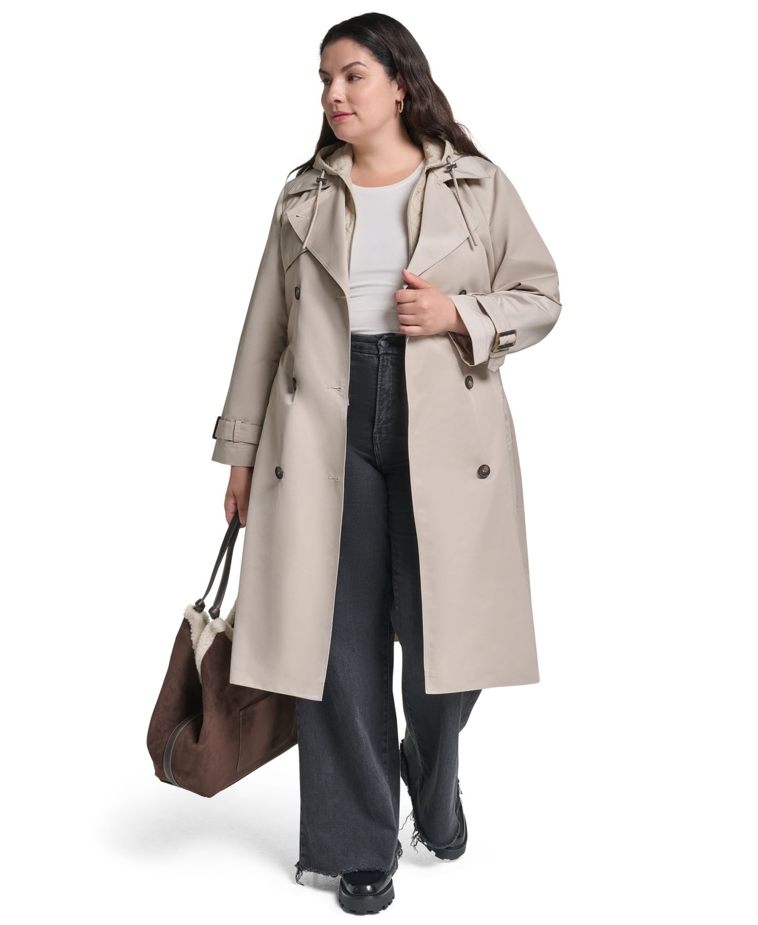 Plus Size Hooded Double-Breasted Belted Coat
