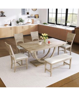  6-Piece Wood Half Round Dining Table Set with Bench and 4 Chairs Seadrift