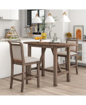 3-Piece Wood Counter Height Drop Leaf Dining Set with 2 Upholstered Chairs